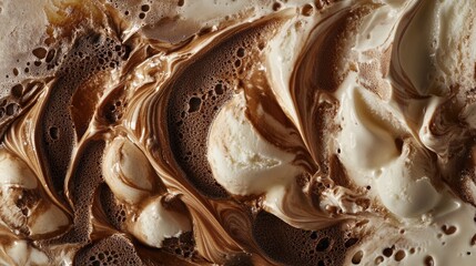 Macro close-up of rich brown chocolate ice cream, highlighting creamy swirls and varied textures, creating an enticing visual appeal.