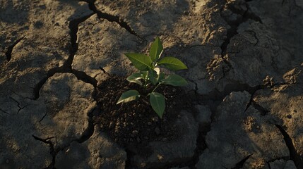 A resilient green sprout emerging from dry, cracked earth symbolizes hope and perseverance in the face of environmental adversity and survival struggles.