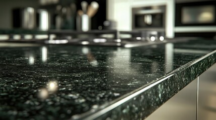 Elegant kitchen countertop showcasing polished dark green granite with subtle flecks, reflecting natural light in a contemporary setting.