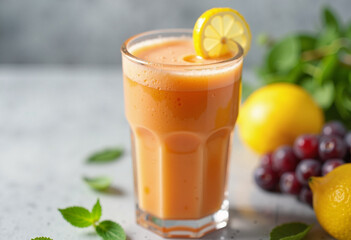 Fototapeta premium Refreshing smoothie bursting with citrus and fruit flavors in a vibrant kitchen setting