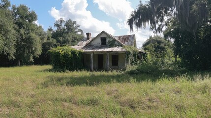 Fototapeta premium Abandoned house in a lush field with tall grass and large trees, featuring weathered walls and dense overgrowth enveloping its structure under a bright sky filled with clouds.