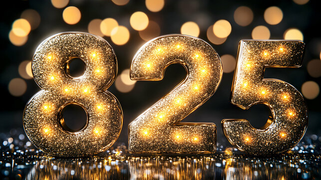 3D Golden Glitter Number 825 with Lights Against a Bokeh Background, 3D Rendering