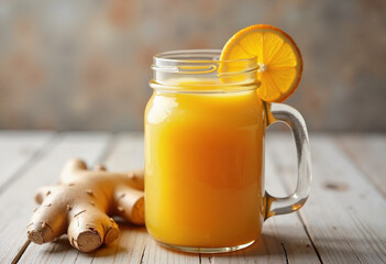Refreshing ginger citrus smoothie served in a mason jar on a rustic wooden table