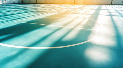 Sunlit indoor basketball court showcasing vibrant turquoise flooring with dramatic shadows, ideal for sports and athletic events.