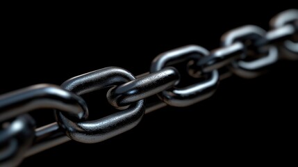 Obraz premium Black metal chain links arranged diagonally, symbolizing the interconnected nature of blockchain technology against a dark background.