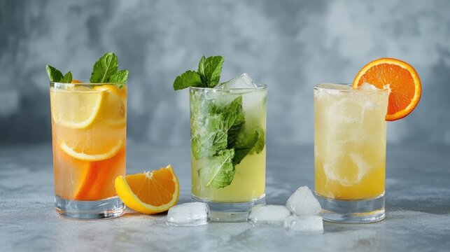 Refreshing summer drinks featuring citrus-infused cocktails and mojitos with lime, lemon, orange, and fresh mint served over ice in stylish glasses.
