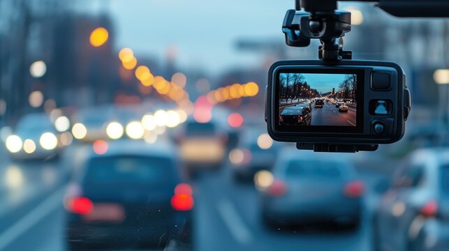 Car Dashcam Capturing Traffic Footage with Blurred Vehicles in Motion and City Lights at Dusk, Emphasizing Road Safety and Surveillance Features