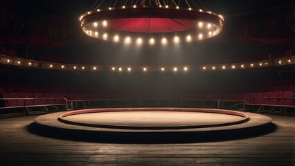  Circular stage lights illuminate an empty, moody circus ring, creating a sense of expectation and nostalgia in a silent, gloomy