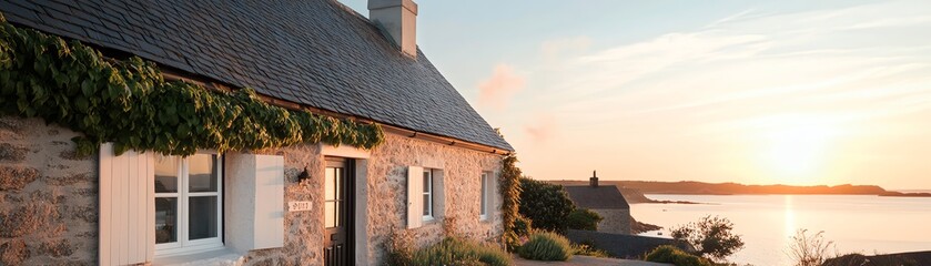 A stone cottage with a thatched roof, ivy climbing the walls, and smoke curling out of the chimney