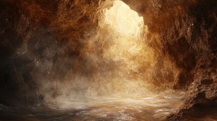 Abstract representation of philosophical themes from the allegory of the cave featuring a soft-focused cave entrance illuminated by warm, glowing light and misty surroundings.