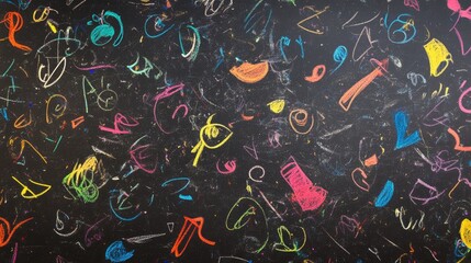 Colorful chalk scribbles on a black chalkboard showcasing vibrant swirls, shapes, and doodles in a playful, artistic arrangement.