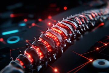 Futuristic X-ray of a spine with holographic overlays, showing enhanced digital detail and labels