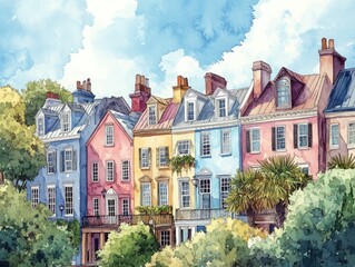 Obraz premium Historic Charleston South Carolina row houses with pastel facades, lush greenery and architectural charm in a scenic urban neighborhood.