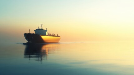 Fototapeta premium Ship gracefully sailing on calm waters at sunset, surrounded by a serene blurred background, offering ample copy space for text.