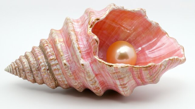 Elegant Pink Shell with a Radiant Golden Pearl Nestled Inside, Showcasing Its Natural Gloss and Intricate Spiraled Texture