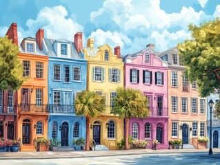 Fototapeta premium Picturesque pastel Charleston South Carolina houses in a cozy neighborhood, scenic streetscape with greenery and timeless charm.