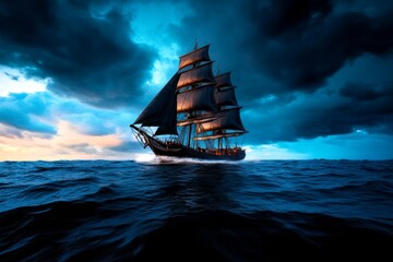 Fototapeta premium Gothic-inspired yacht with dark sails, anchored under a stormy sky with moody waves
