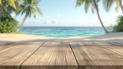 Fototapeta premium Wooden display table on sandy beach with palm trees and turquoise sea in soft focus, evoking a tropical vacation atmosphere and summer product showcase.