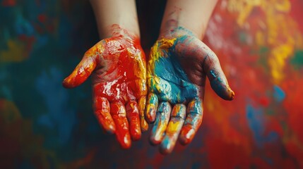 Obraz premium Child's hands covered in bright paint showcase vivid red, blue, and yellow hues against a colorful artistic background.