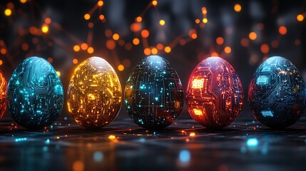 A collection of Easter eggs painted with neon circuitry designs, glowing like microchips, set against a dark futuristic background with digital lines and data streams, photorealistic textures,