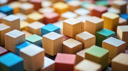 Colorful array of small wooden cubes scattered across a playground area, providing a vibrant and engaging surface for children's imaginative play.