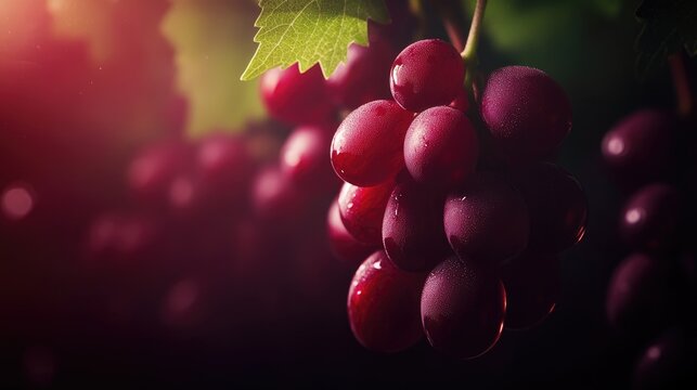 Ripe Tinta de Toro grapes glistening with dew, clusters hanging gracefully on the vine amidst vibrant green leaves.