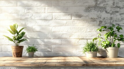 Wooden table adorned with various houseplants in pots, beautifully displayed against a bright white brick wall background.