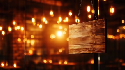 Vintage wooden sign board suspended on a glass door in a trendy cafe, with blurred bokeh lights in the background, creating a great advertising space.