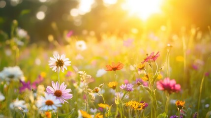 Obraz premium Sunrise illuminating a colorful meadow adorned with diverse wildflowers, showcasing a serene and vibrant natural landscape.