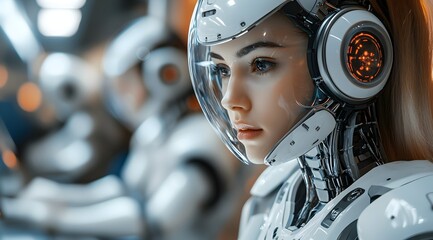 A futuristic humanoid robot with a sleek design and helmet, showcasing advanced technology and artificial intelligence in a sci-fi setting.