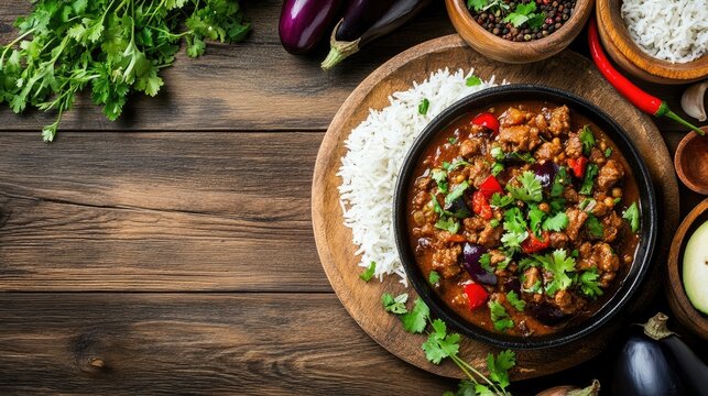 Aromatic spicy pork curry served in a rustic bowl alongside white rice, garnished with fresh herbs, chili, and eggplant, with wooden backdrop enhancing the rustic appeal.