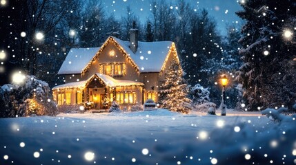 Charming winter home illuminated with twinkling lights, surrounded by fresh snowflakes and a cozy festive atmosphere on a peaceful night.