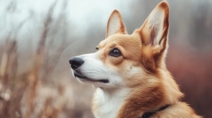 Welsh Corgi dog with striking features and expressive eyes, posed elegantly against a soft, blurred background during a serene outdoor setting.