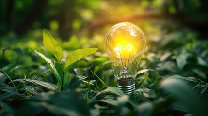 Illuminated light bulb surrounded by green leaves symbolizing sustainable energy and ecological awareness with a vibrant natural backdrop
