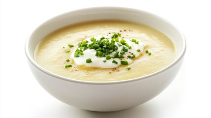 A bowl of hearty potato leek soup garnished with chives and a drizzle of cream, Each spoonful filled with rich and comforting flavors