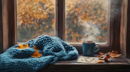 Cozy autumn scene featuring a blue knitted blanket, a steaming mug on a windowsill, and colorful leaves creating a warm, inviting atmosphere.
