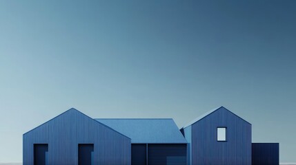 Three varying-sized houses in a stylish minimalistic horizontal design featuring a trendy classic blue color against a serene backdrop ideal for text placement.