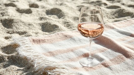 Close-up of a rose wine glass resting on a striped beach towel with sandy texture in a serene coastal setting, ideal for relaxing moments