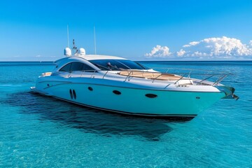 Fototapeta premium Luxurious white yacht cruising through crystal clear blue waters on a sunny day, with gentle waves