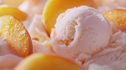 Creamy peach ice cream served with fresh peach slices, showcasing a close-up view of the smooth texture and vibrant fruit garnishes.
