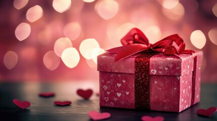 Obraz premium Elegant pink gift box wrapped in a red ribbon, surrounded by small red heart decorations on a soft, romantic bokeh background, perfect for love-themed gifts.