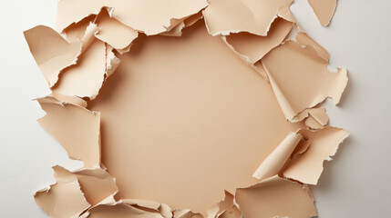 Torn paper creating circular hole on beige background
