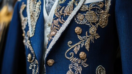 Elegant blue suit featuring intricate white and gold embroidery with decorative floral patterns and ornate buttons.