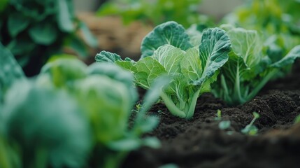Fototapeta premium Close-up view of vibrant green cabbage seedlings thriving in nutrient-rich soil, emphasizing organic farming principles and sustainable agriculture practices.