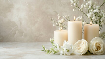 Serene candle display with soft tones and delicate flowers, perfect for remembrance events, featuring ample copy space for personalized messages.