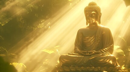 Glowing Golden Buddha Statue Radiating Spiritual Enlightenment in Tranquil Forest Setting
