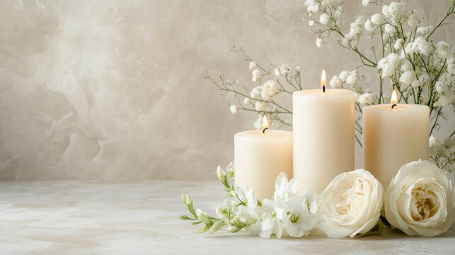 Serene candle display with soft tones and delicate flowers, perfect for remembrance events, featuring ample copy space for personalized messages.