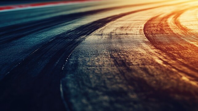 Abstract texture of tire skid marks on a race track with prominent black impressions, showcasing a dynamic automotive theme and the interplay of light on the asphalt surface.