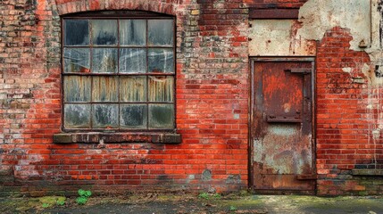 Vintage red brick wall featuring weathered masonry with rich textures, an old window with cracked glass, and a rusty door, showcasing a rustic charm.