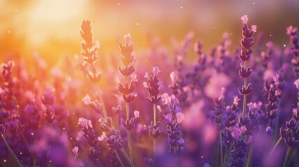 Close-up of vibrant lavender flowers illuminated by warm sunlight in a lush field, perfect for themes of relaxation and natural beauty.